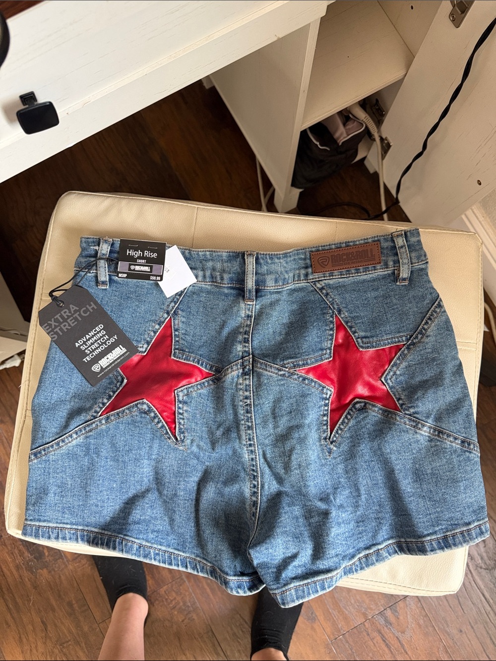 High Rise Denim Shorts with Red Star Insets